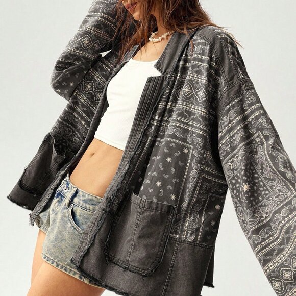 Multicolor Casual Women's Pattern Print Patchwork Jacket - Picture 4 of 8